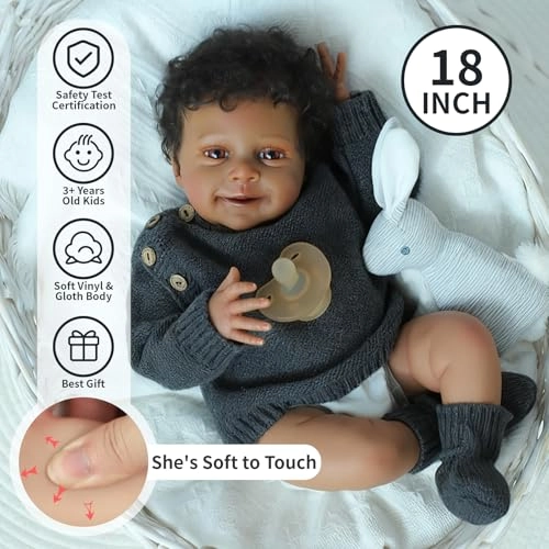 Reborn Baby Doll - 18'' Soft Weighted Cloth Body & Vinyl Limbs African American Ages 3+