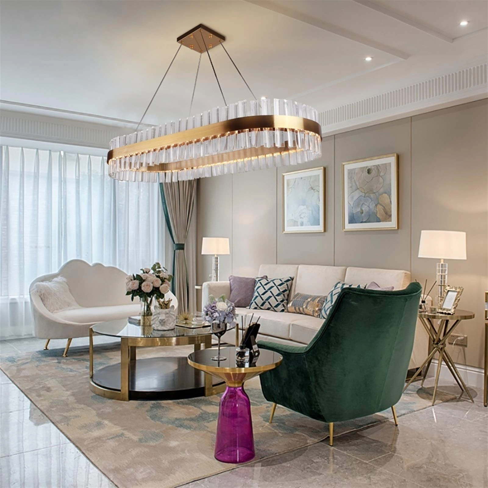 Touch down Rectangle Crystal Led Chandelier - Gold L60 W30 H15cm