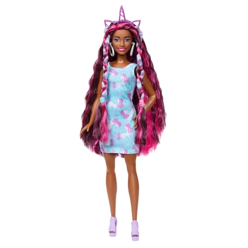 Barbie Fun and Fancy Hair - Extra-Long Colorful Brunette Hair Shimmery Pink Dress 10 Hair and Fashion Play Accessories Ages 3+
