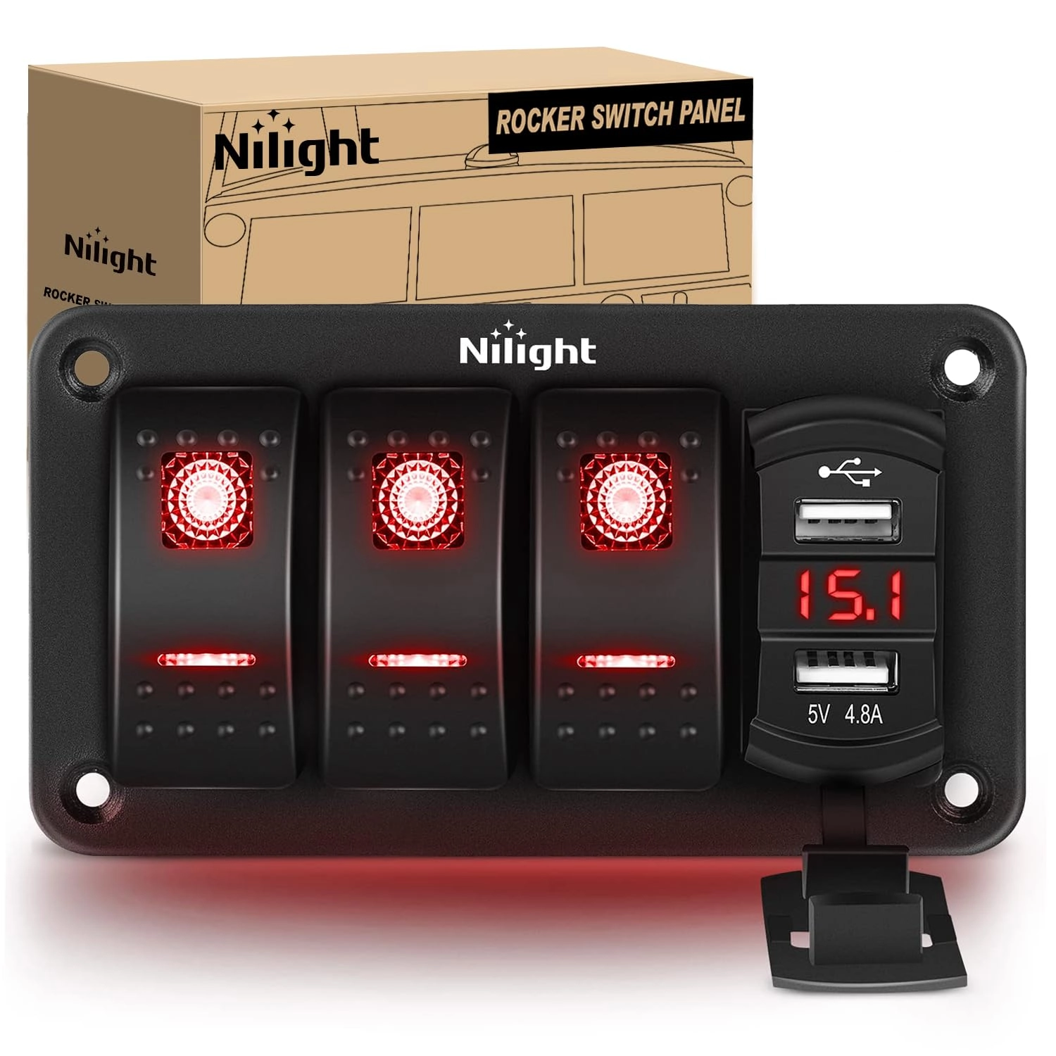 Nilight 3 Gang Rocker Switch Panel - 4.8A Dual USB Voltmeter