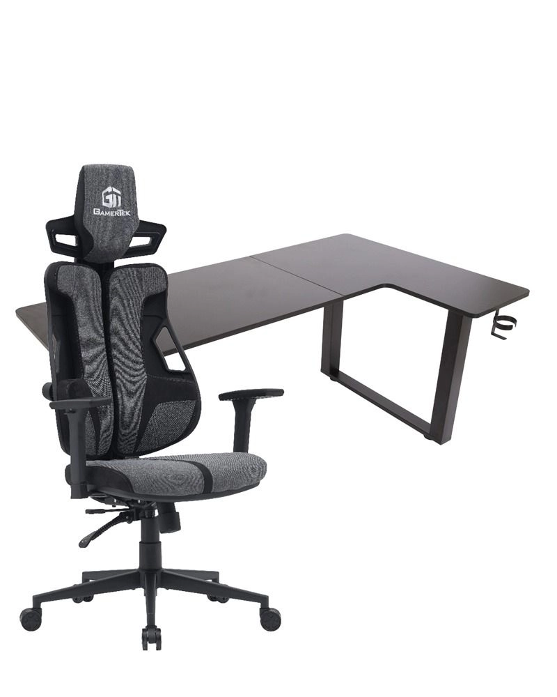 GamerTek Flexi Corner Gaming Desk - 160x100 cm Black + Galactic Guardian - Fabric Edition