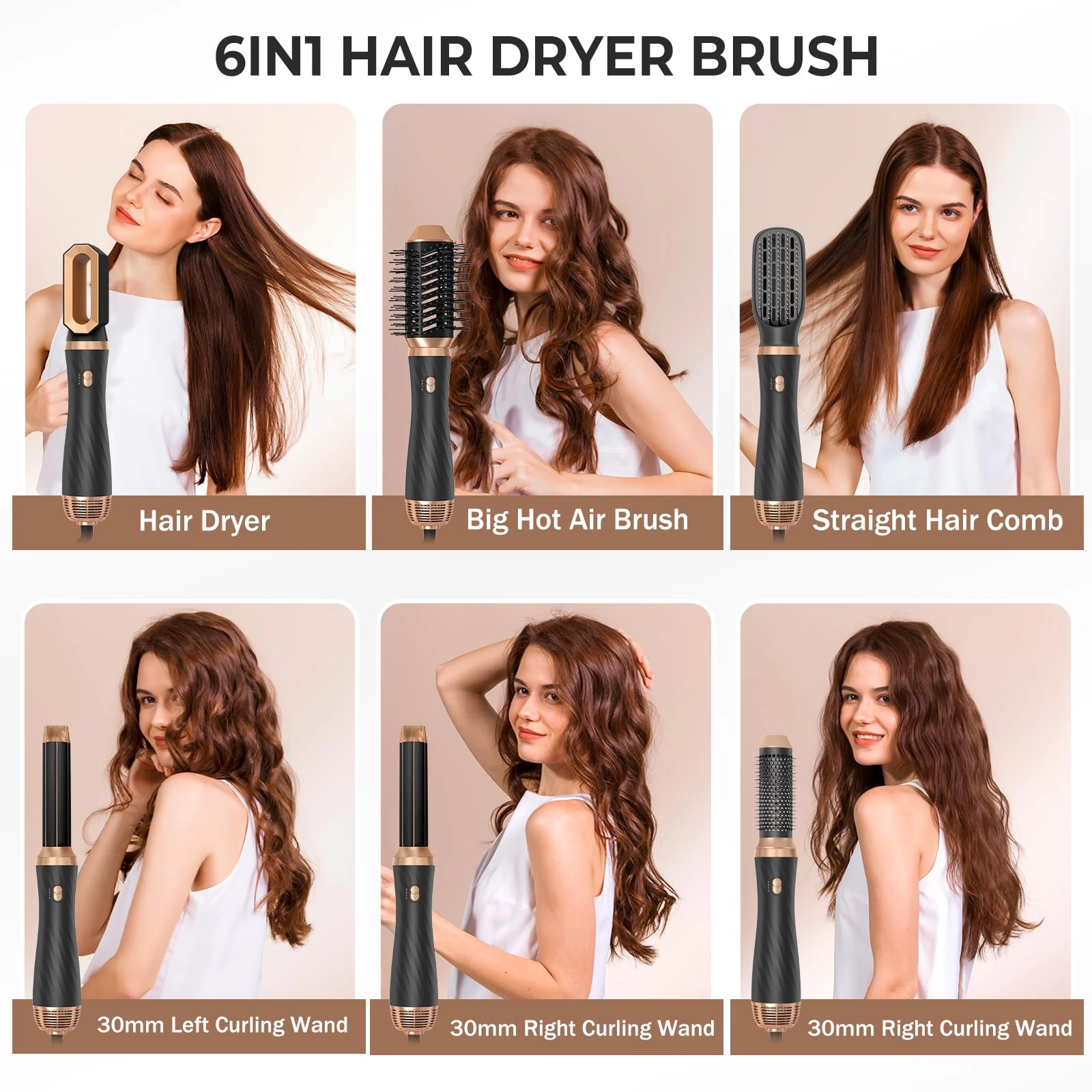 6 in 1 Hair Dryer Brush - 700 watts Gold