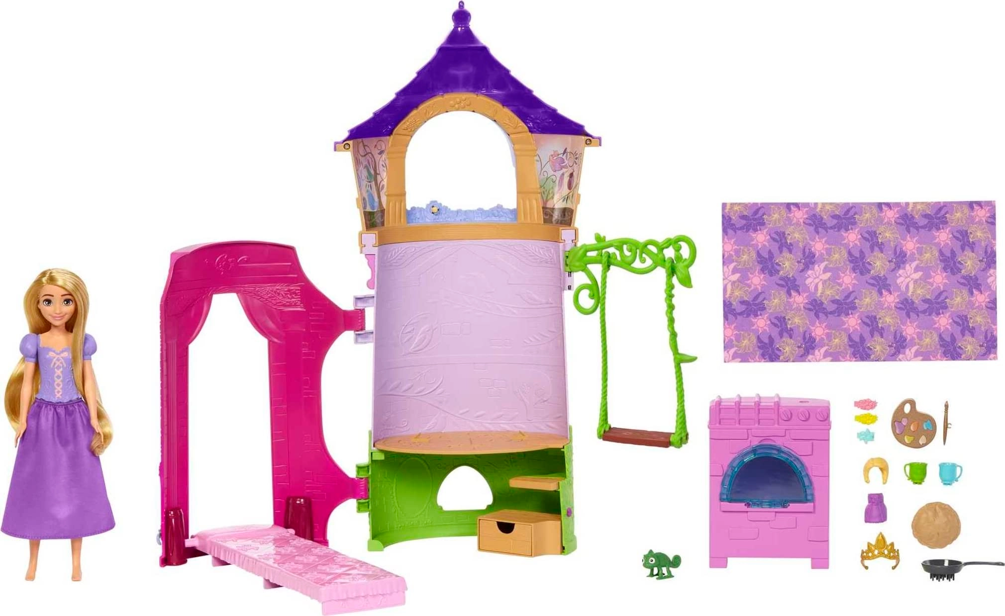 Mattel Rapunzel Posable Doll - Long Hair + Tower Playset - 6 Play Areas 15 Accessories Ages 3+