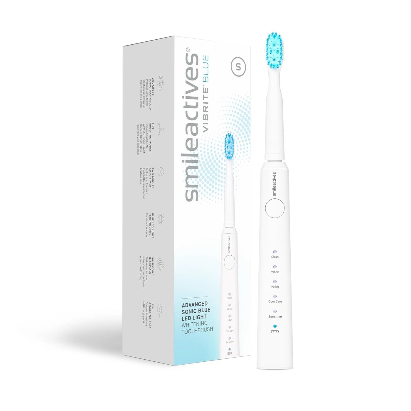 SmileActives Vibrite Sonic Power Electric Toothbrush - Rechargeable Blue LED Multiple Brushing Modes