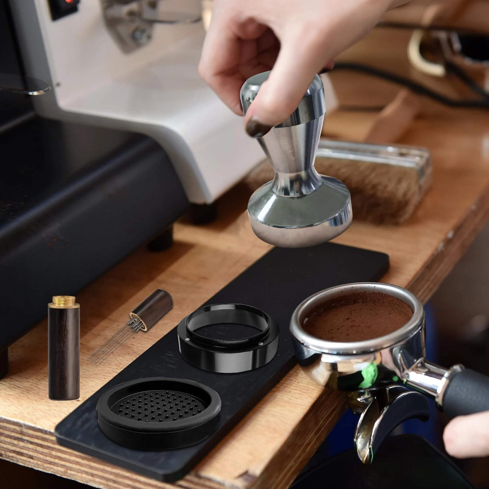 Espresso Tamper - 51mm + Wdt Tool + Espresso Tamper Mat - Silicone + Espresso Dosing Funnel - 51mm Magnetic + Espresso Puck Screen - 51mm 1.7mm