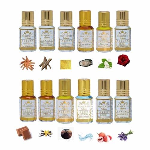 white oudh + Royal Mogra + Rose Fresh + Raat Ki Rani + Litchi + Lavender + Golden + Vanilla + Forest Adventure + Chocolate + Chandan-E-Khass + Blue Lagoon - Floral Fruity Woody 12