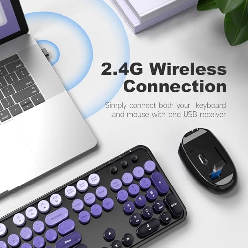 Wireless Keyboard and Mouse Combo - Typewriter Round Retro Wireless