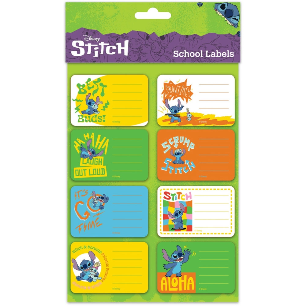 PYRAMID Lilo & Stitch School Labels - 2 sheets with 8 stickers each 8 x 4 cm