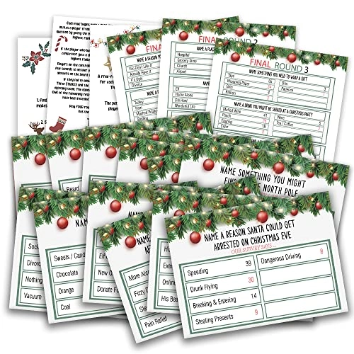 Christmas Friendly Feud Quiz - 3 game instruction cards 12 question moderator cards 3 quick final rounds game cards