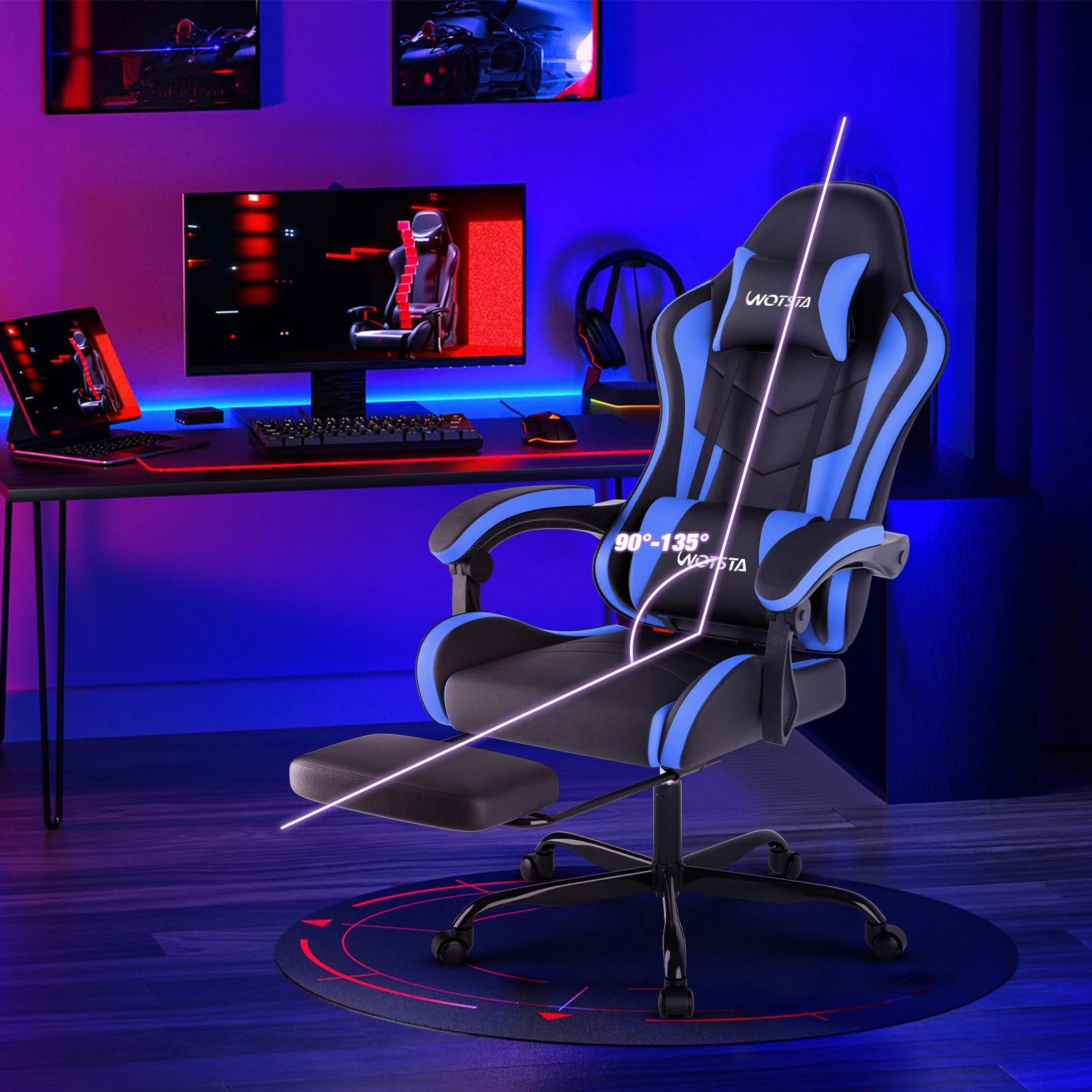 Gaming Chair - Footrest Ergonomic Black Blue