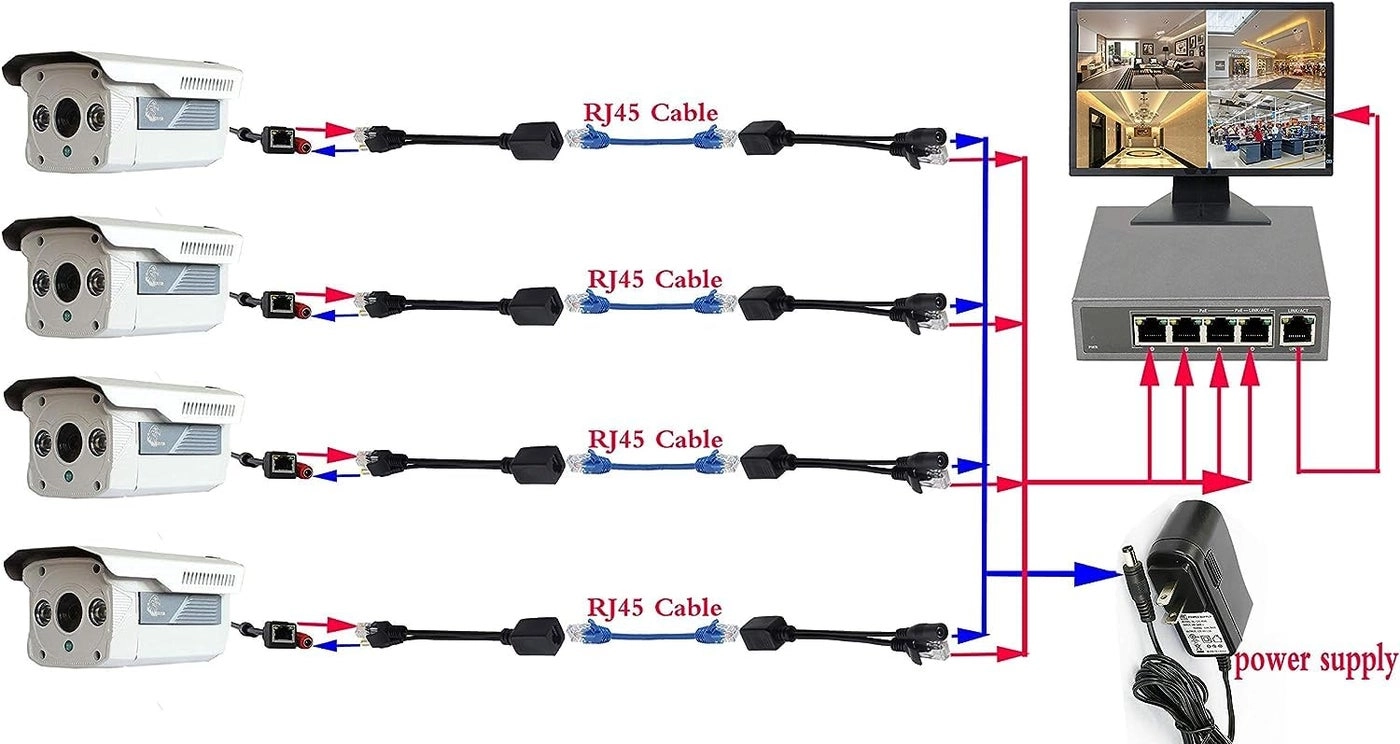 Passive PoE Injector - RJ45 Ethernet + PoE Splitter - DC 5.5x2.1 mm F/M Adaptor Connector