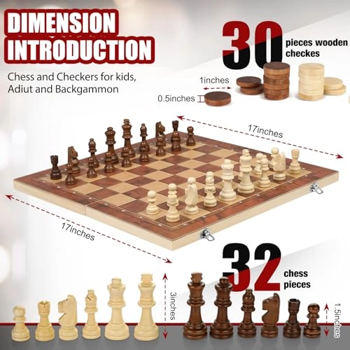Chess Checkers Backgammon 3-in-1 - Wooden Folding