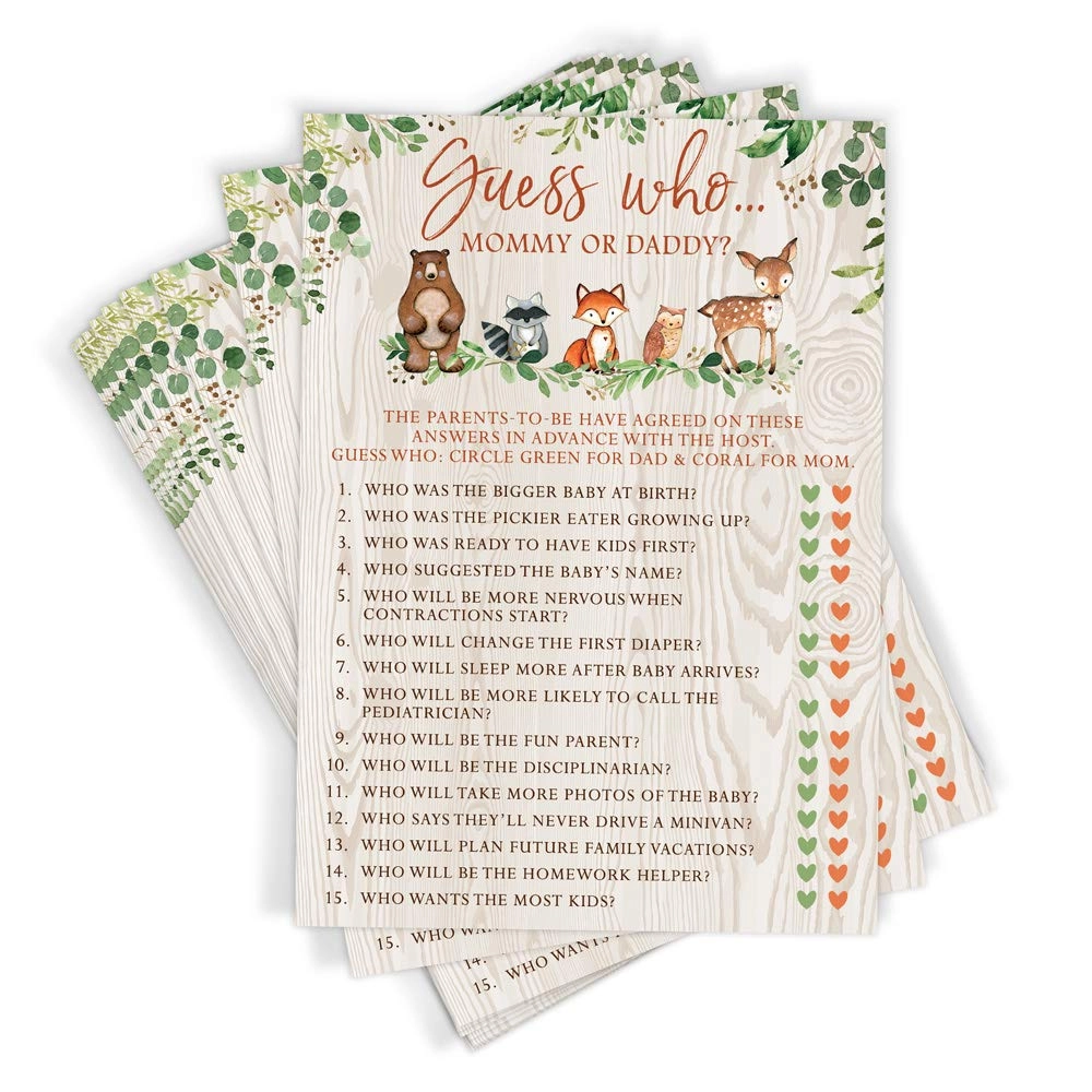 Printed Party Guess Who Mommy or Daddy Game - Baby Shower Woodland Theme 50 Cards