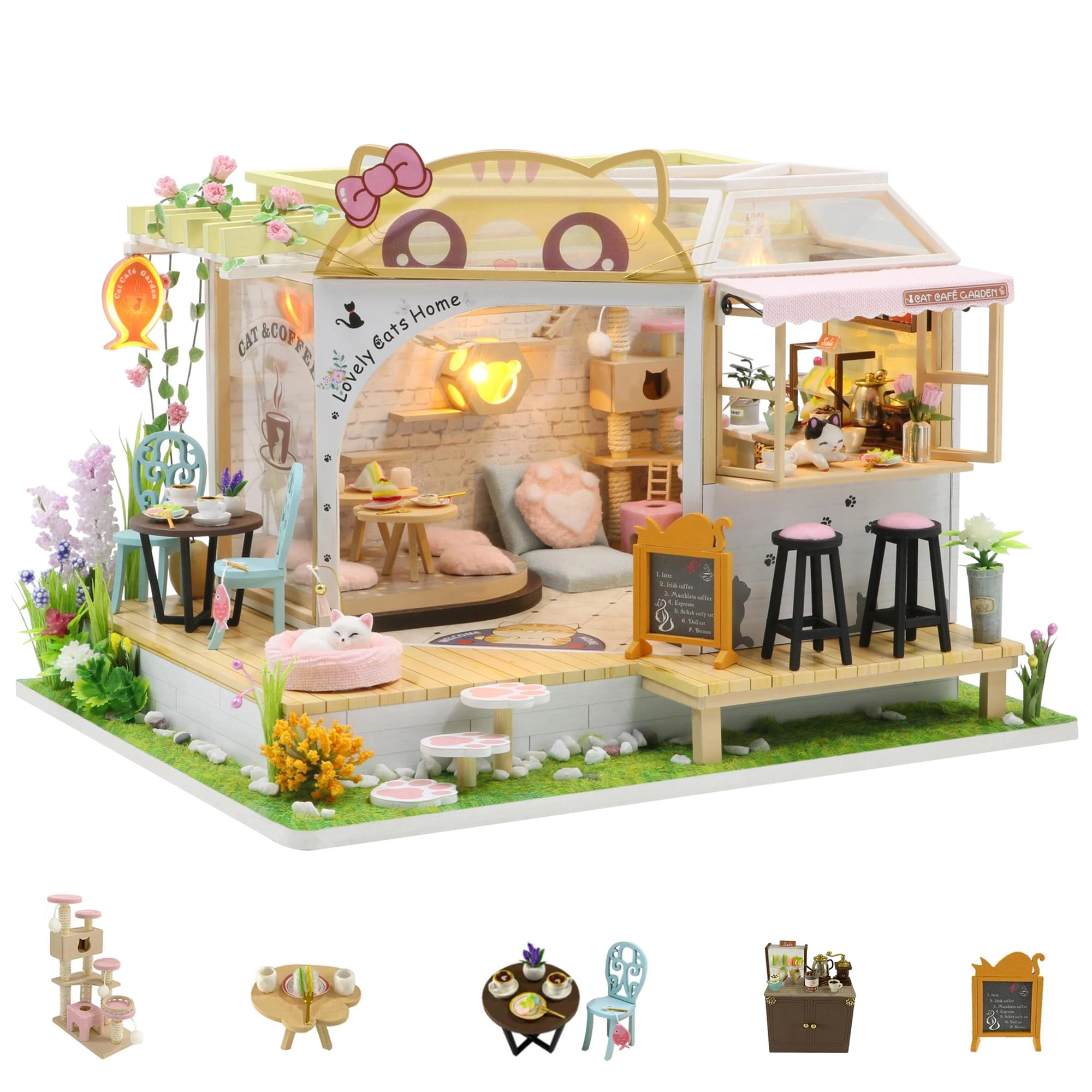 Kisoy Dollhouse Miniature - Cat Cafe Garden