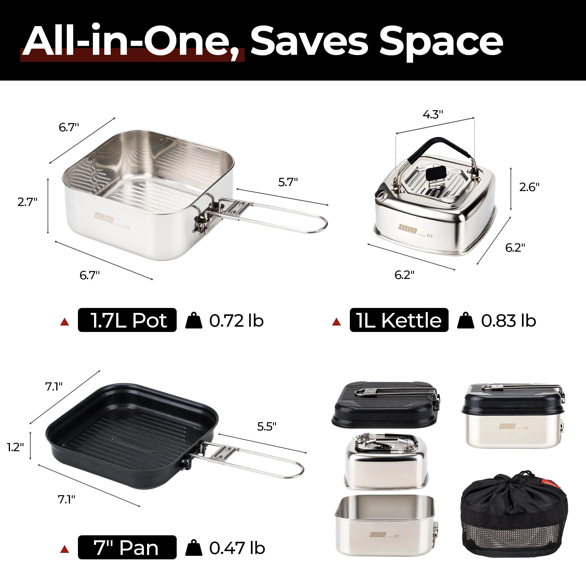 Camping Cookware Set - 3 3.5L 2.2L