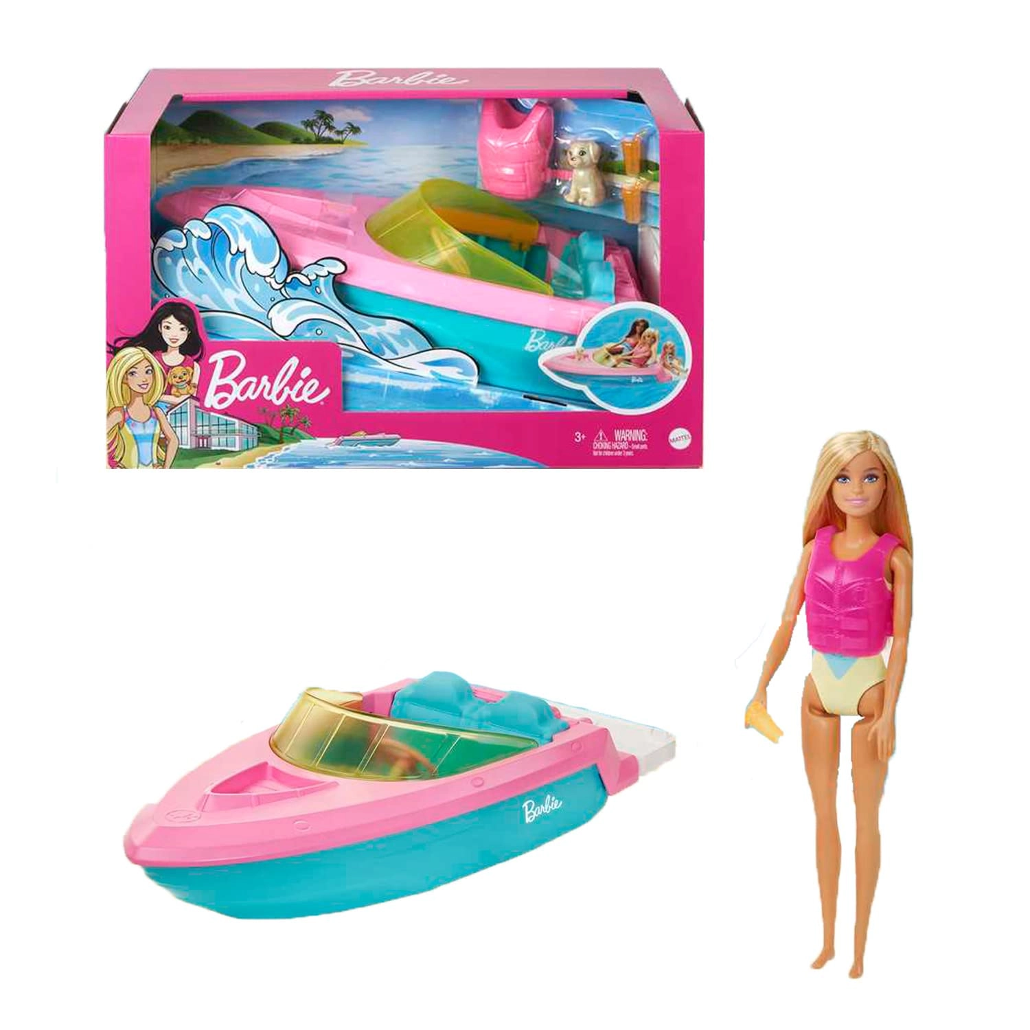 Barbie Boat - Floats in water + Doll - Hot-pink life vest + Puppy