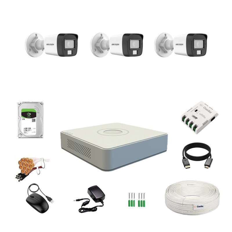 Prama Hikvision India Pvt.Ltd 4 Channel DVR + 3K/5MP 3 Bullet Camera + 1 TB HDD + 4 CH SMPS + CCTV Cable + BNC/DC