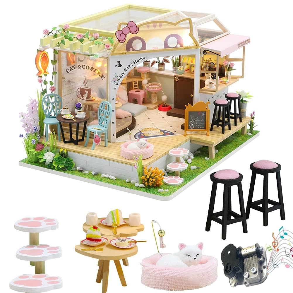 Cat Cafe Wooden Miniature Dollhouse Kit - 1:24