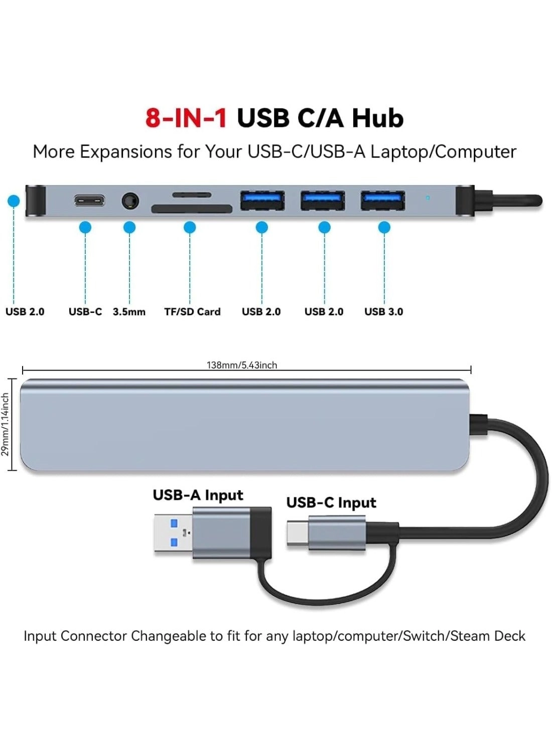 USB Hub Multiport Adapter - 8-in-1 4 USB 3.0 Ports USB-C