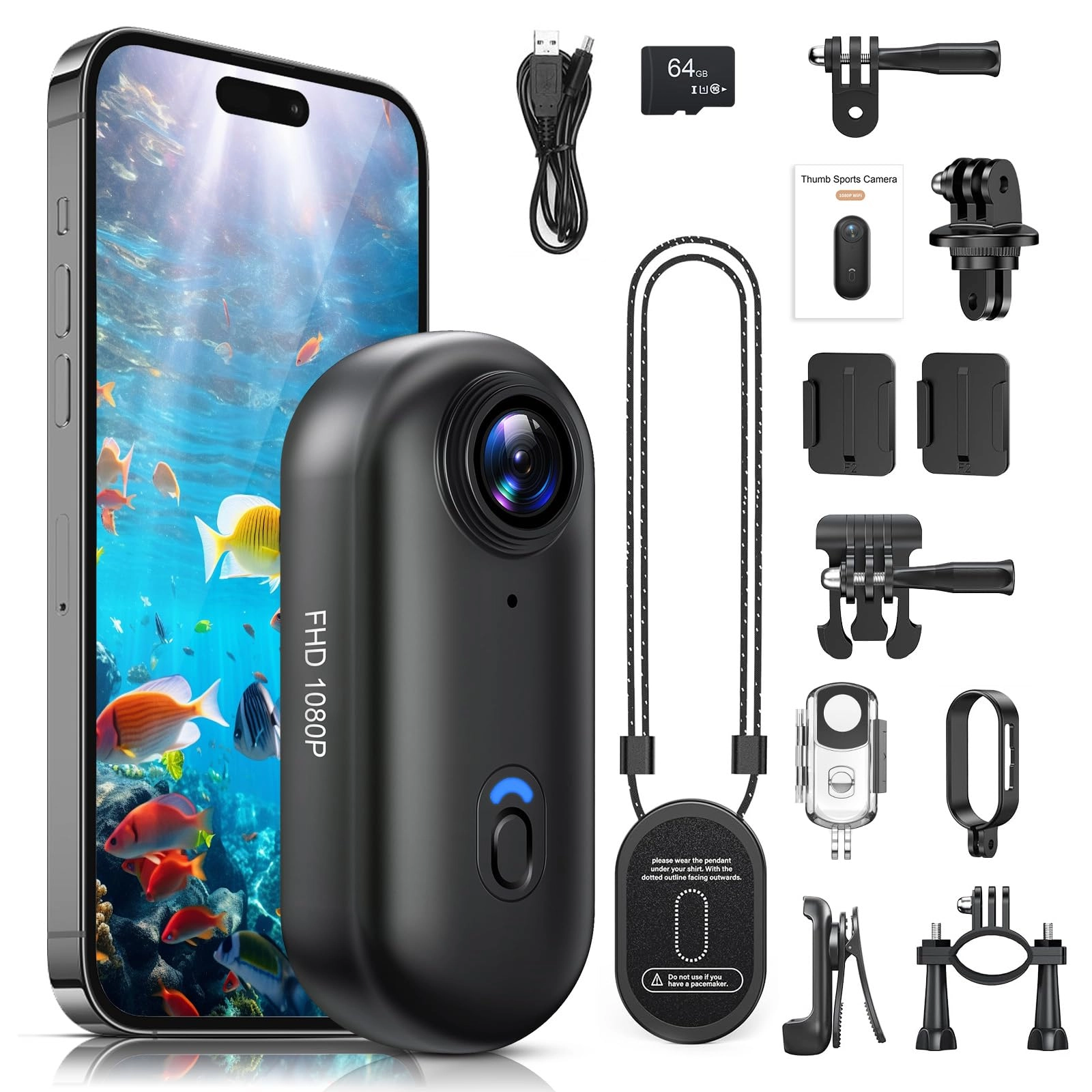 Hiwoor Cámara de acción de Pulgar - 64GB 1080P