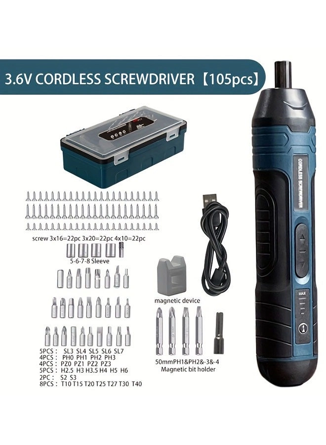 Generic Cordless Screwdriver Kit - 105 Accessories USB Fast Charging