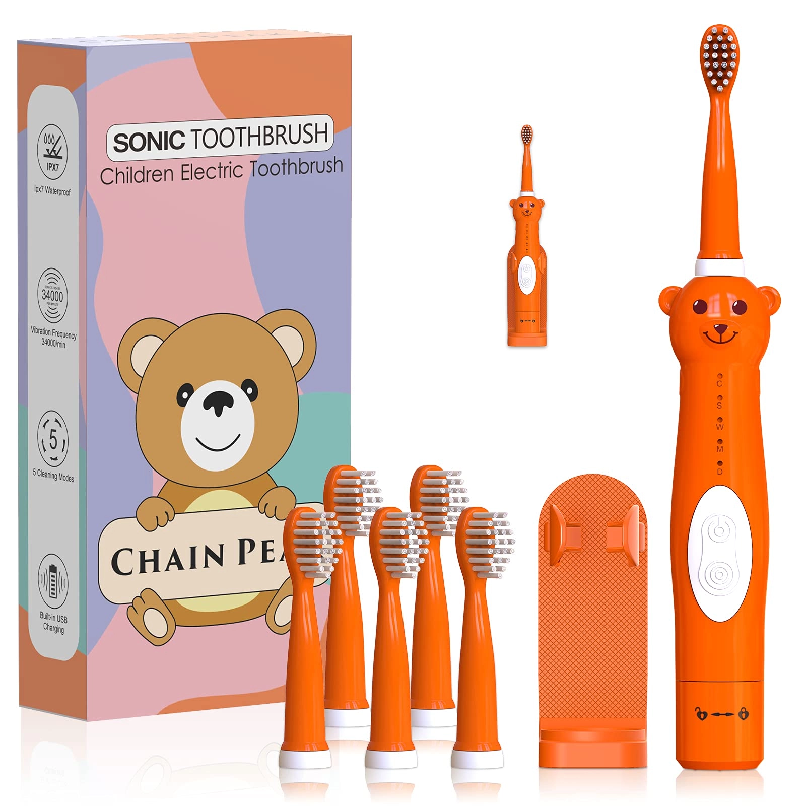Kids Sonic Electric Toothbrush - Rechargeable 6 Brush Heads 2 Min Timer