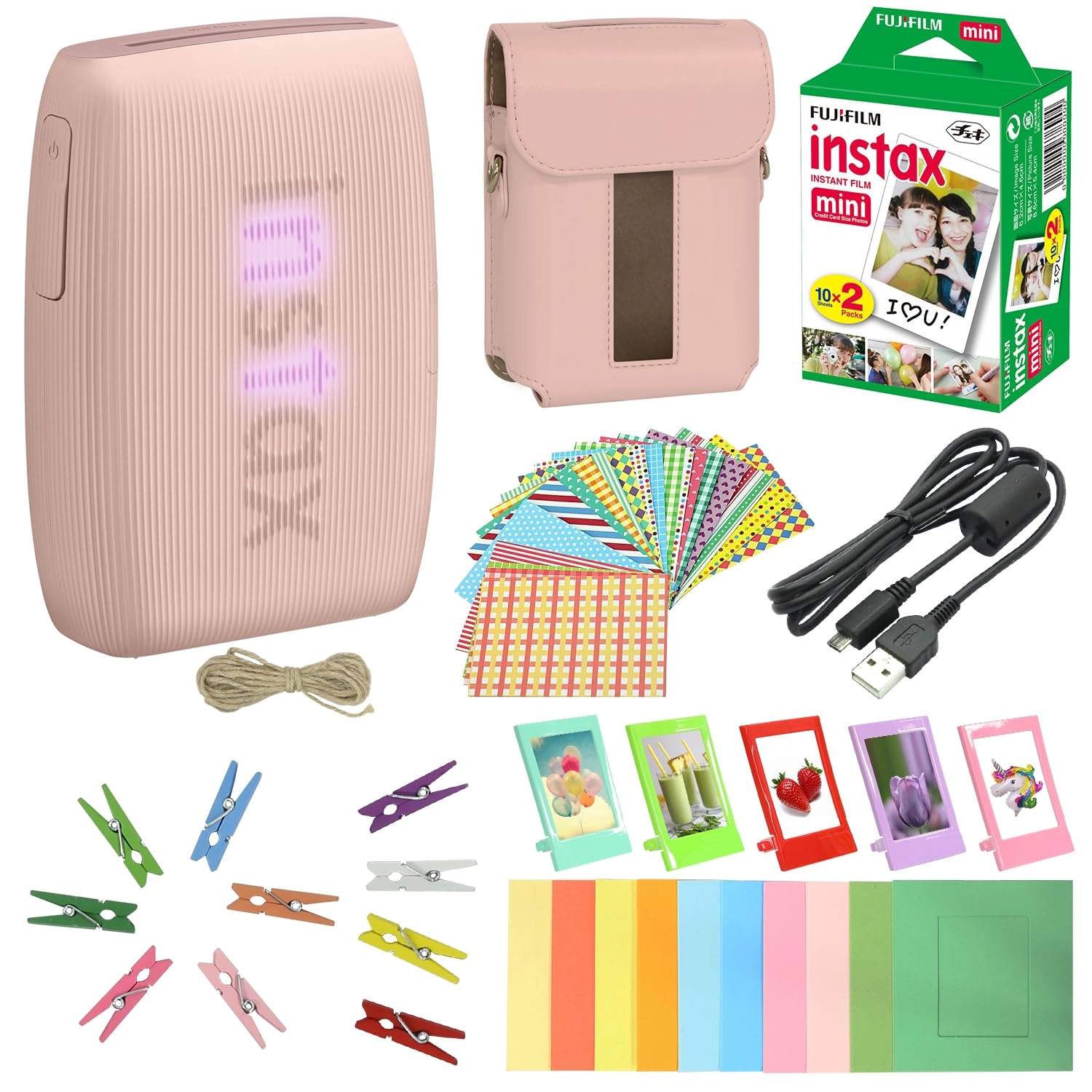 Fujifilm Inc Mini Link 3 + Instax Mini Instant Film - 20 Sheets + Instax Printer Case + Hanging Film Frames + Table Photo Frames + Photo Stickers