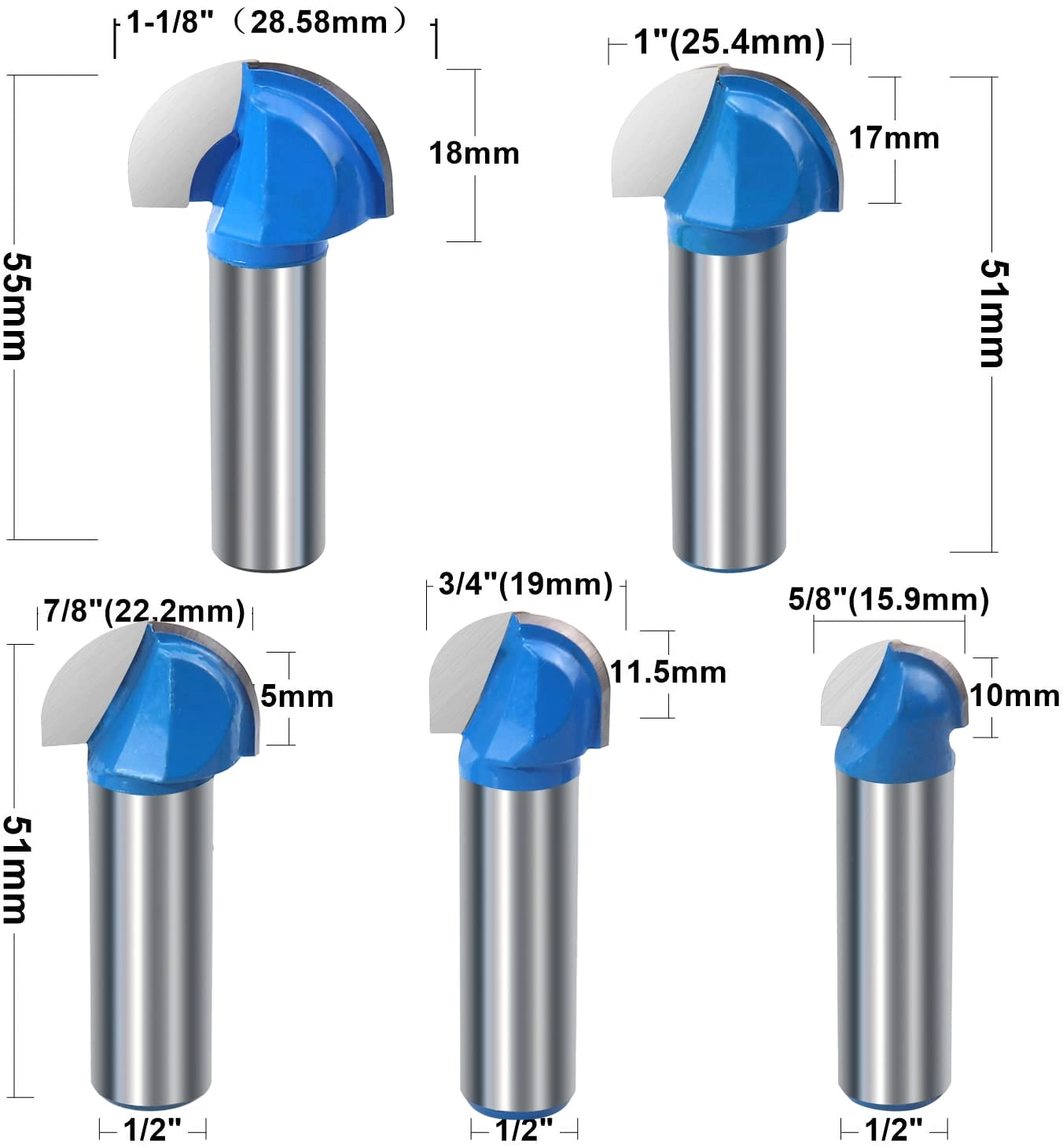 Core Box Router Bit Set - 5/8" 3/4" 7/8" 1" 1-1/8" 1/2 Inch 5PCS