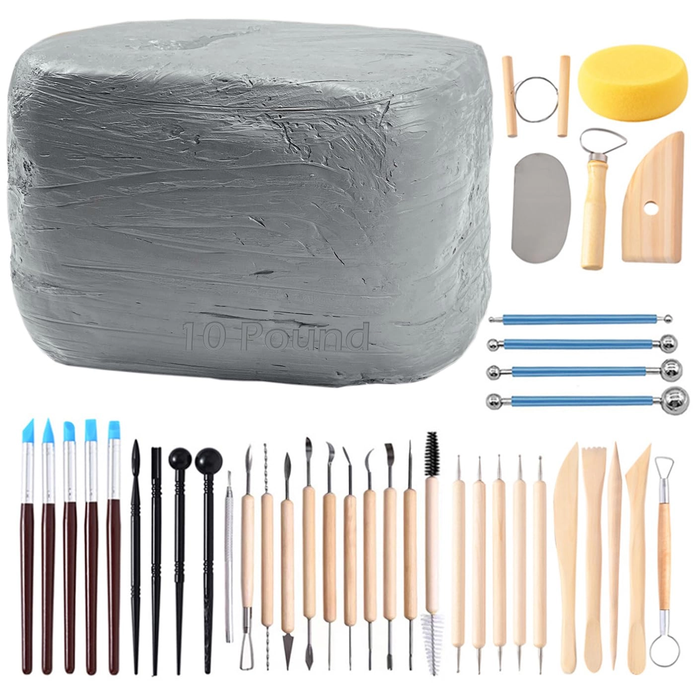 Natural Air-Dry Clay - 10LBs + Pottery Tools Clay Sculpting Tool Set - 40 Pcs