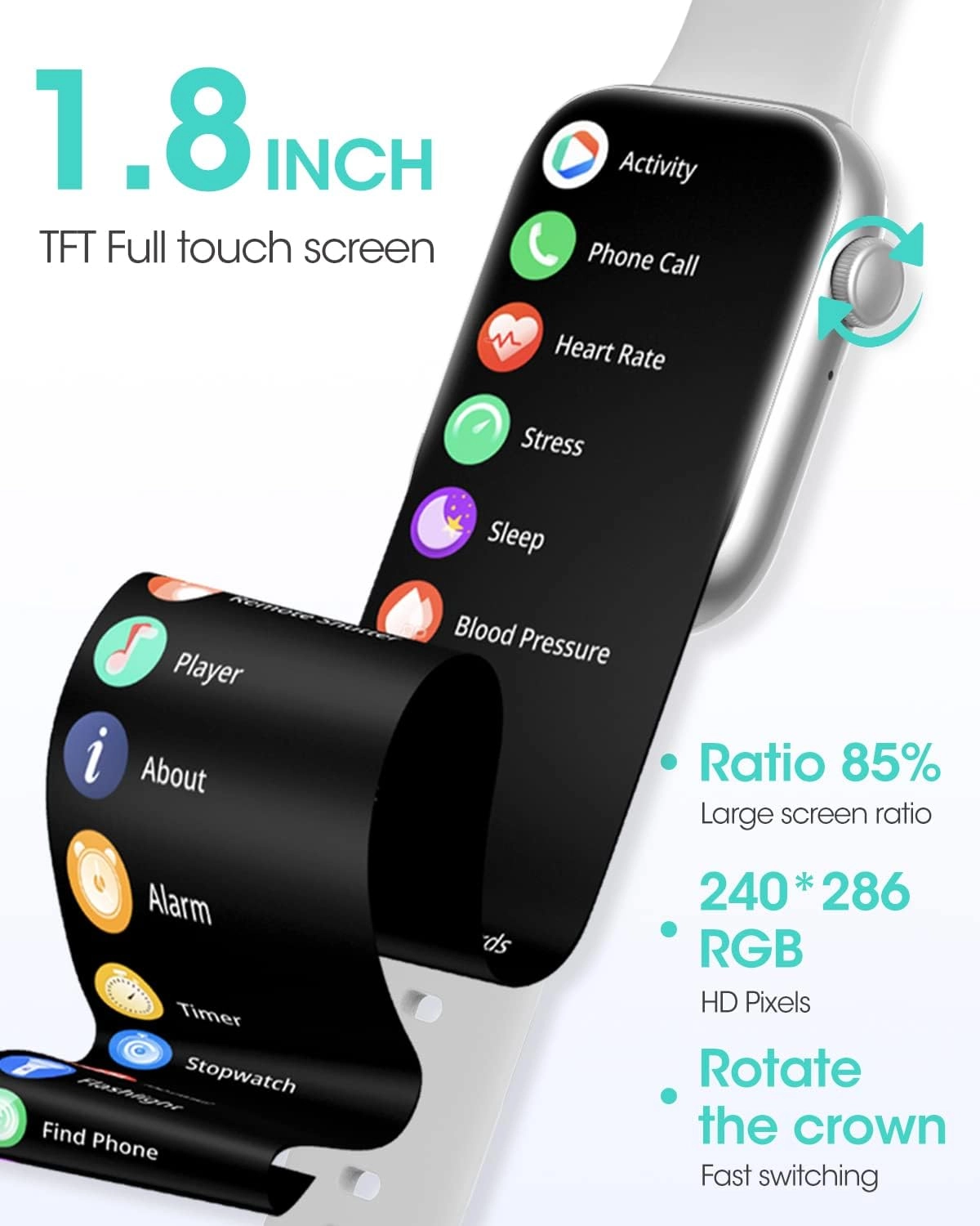 Bluetooth Smart Watch - Fitness Tracker 1.8” Touch Display 5ATM Waterproof