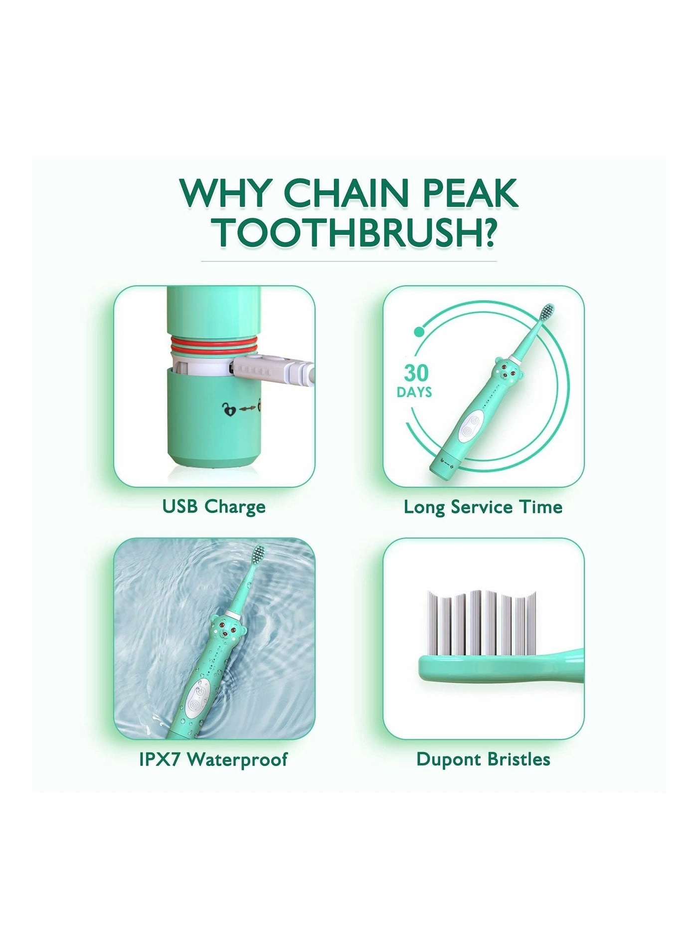 Kids Sonic Electric Toothbrush - Cute Bear 4 Brush Heads 2 Min Timer