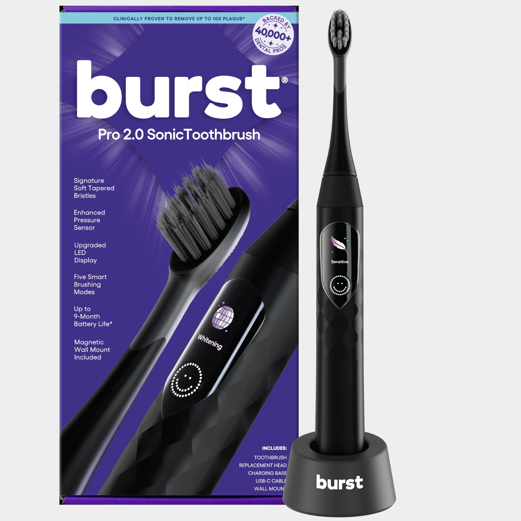 BURST Pro 2.0 Sonic Toothbrush - Smart Pressure Sensor 5 Modes USB-C Charging