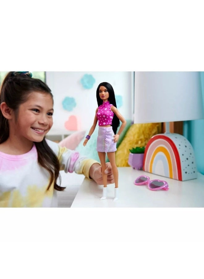 Barbie Fashionistas - Black Straight Hair Pink Star-Print Top Iridescent Skirt Ages 3+