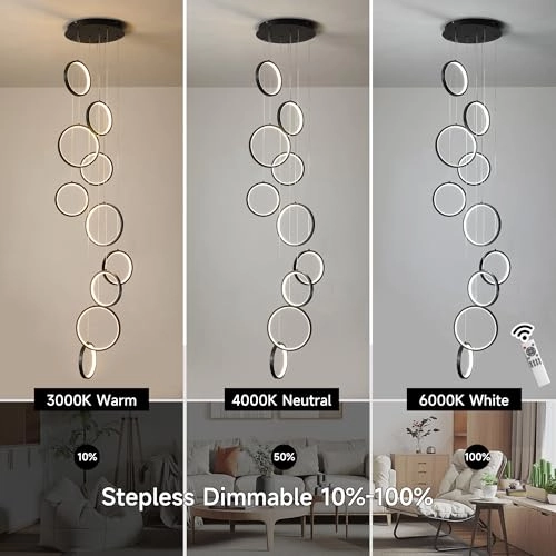 Modern LED High Ceilings Staircase Dimmable Chandeliers - 10 Rings 100W 340cm