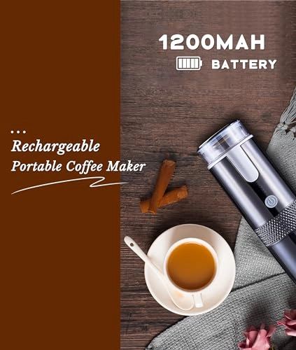 Portable Machine - 1200mAh Rechargeable Compatible with Capsules and Ground Coffee