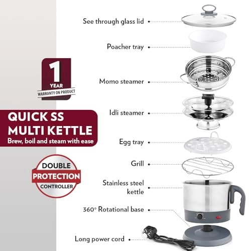 Electric Steel Kettle with Steamer - 1.3L