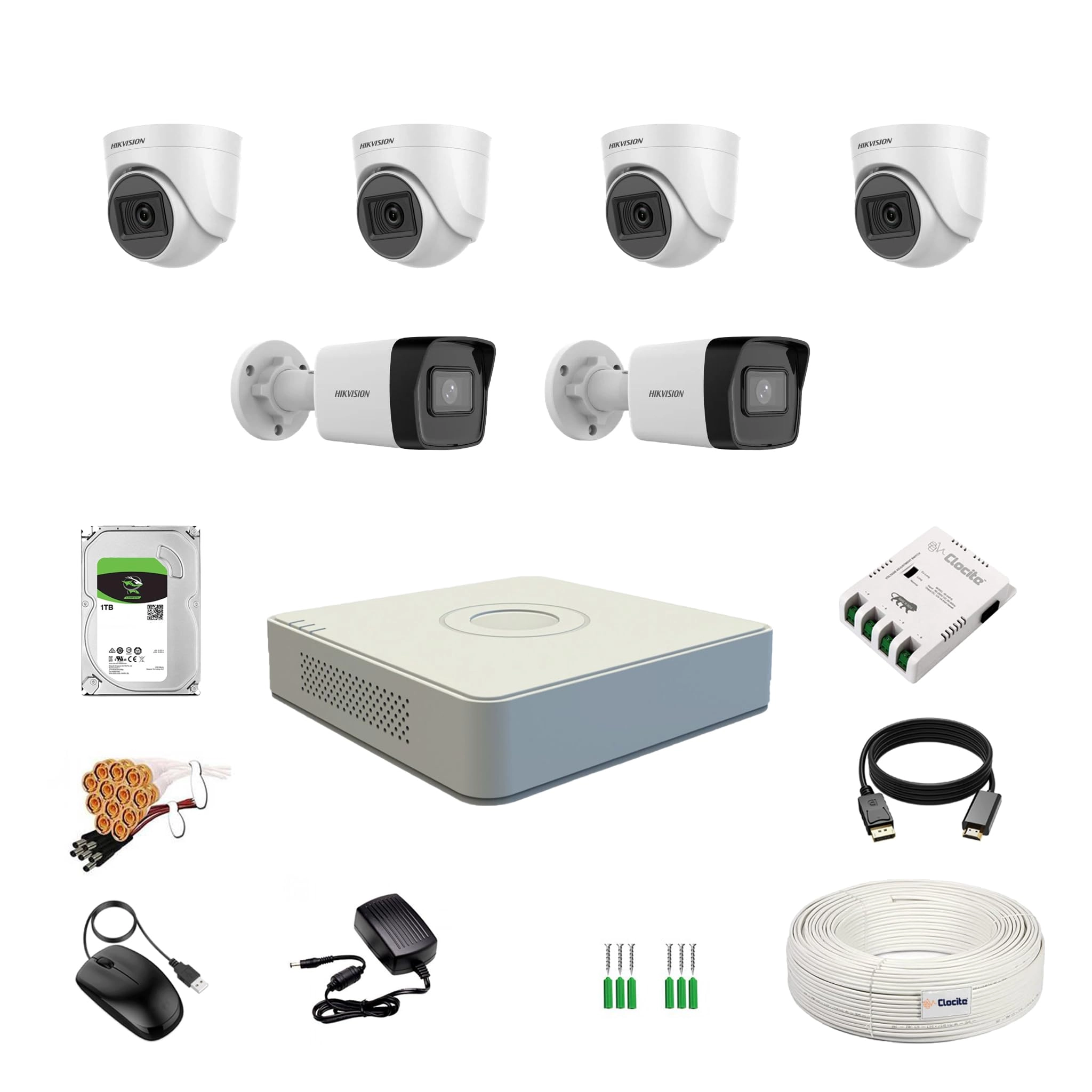 8CH DVR + 2MP Dome Camera + 2MP Bullet Camera + 1TB HDD + Coaxial Cable Roll + 8Ch SMPS