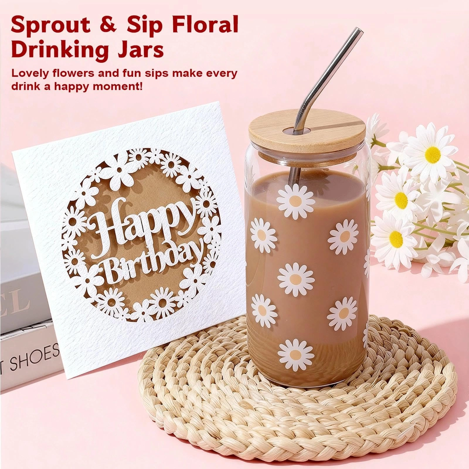 Retro Flowers Glass Cup + Happy Birthday Card + Clay Beaded Bracelet + HAPPY BIRTHDAY Candle + Bath Bomb + Silk Scrunchie + Flower Hair Clip - 7 pcs
