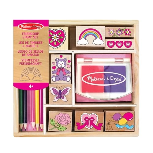 Friendship Stamp Set - 15 piece(s) 9 colourful themed kids stamps, 2 ink pads for stamping 5 coloured pencils, sturdy wooden tray