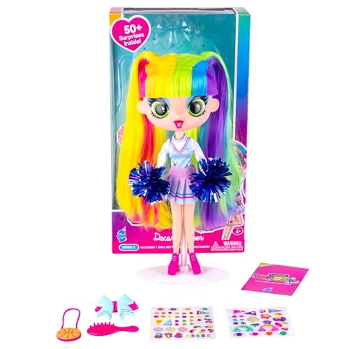 DECORA GIRLZ Cheerleader Poseable Fashion Doll - Long Rainbow Hair 50 Surprises Fabric Outfit