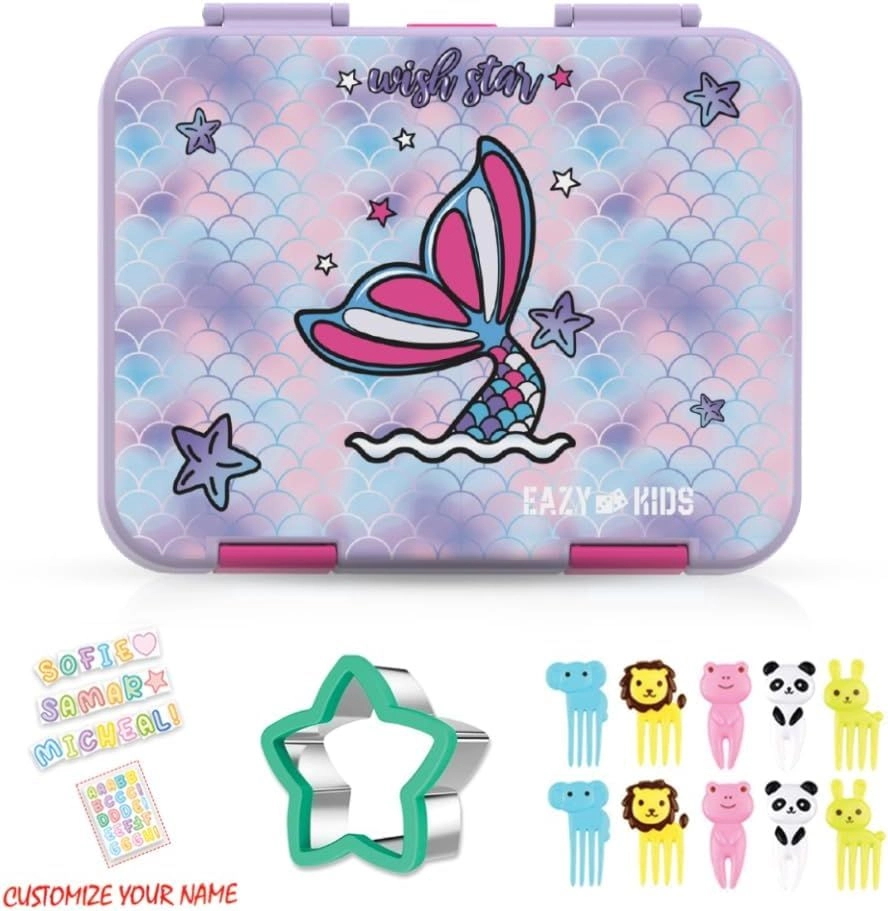6 And 4 Convertible Lunch Box - Mermaid Purple + 420 ml Water Bottle + Sandwich Cutter