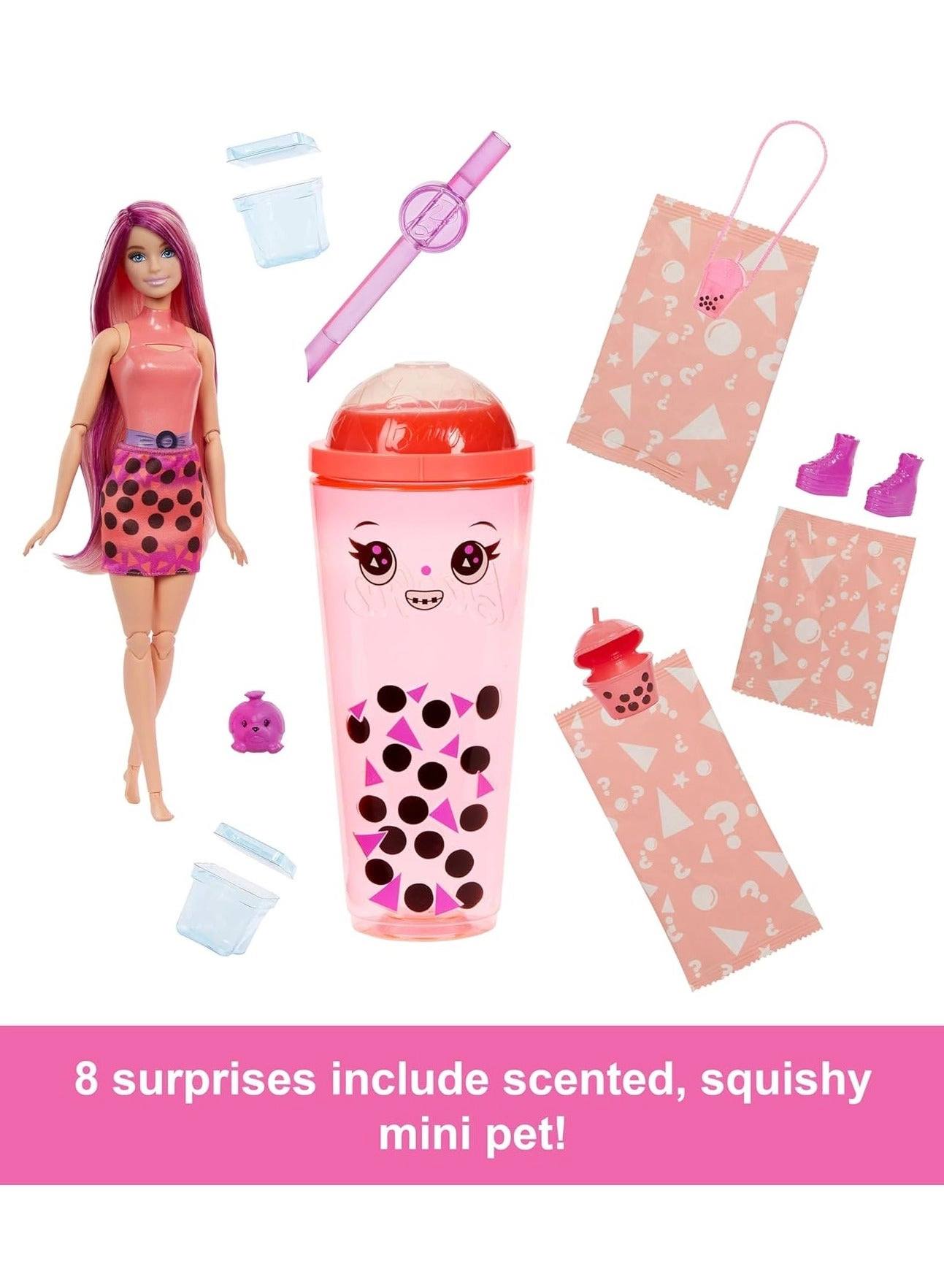 Barbie Pop Reveal Bubble Tea - Blonde with Dark Pink Highlights 8 Surprises Ages 3+