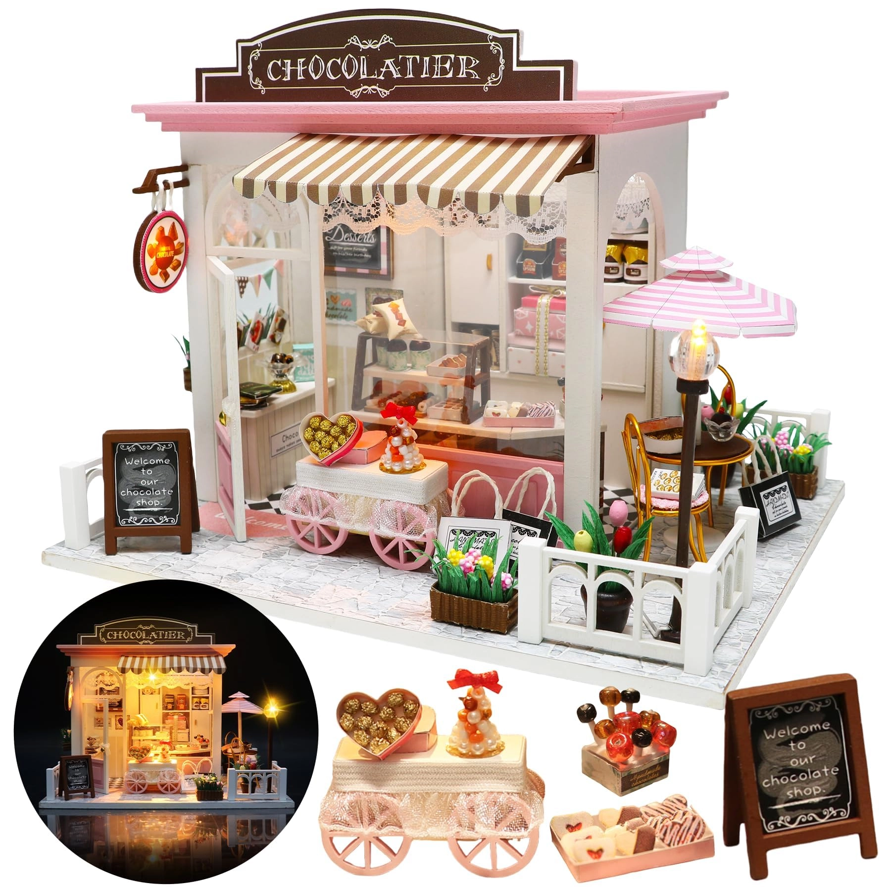 KASTWAVE Mayberry Street Miniatures 3D Chocolate Shop - DIY Miniature Dollhouse Kit Beginners
