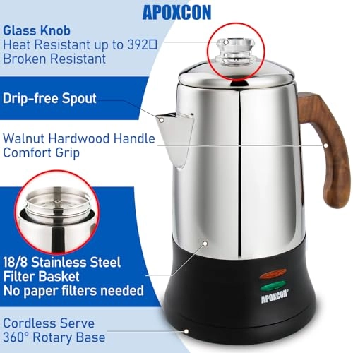 Electric Coffee Percolator - 6 Cups Keep Warm Cordless Serve