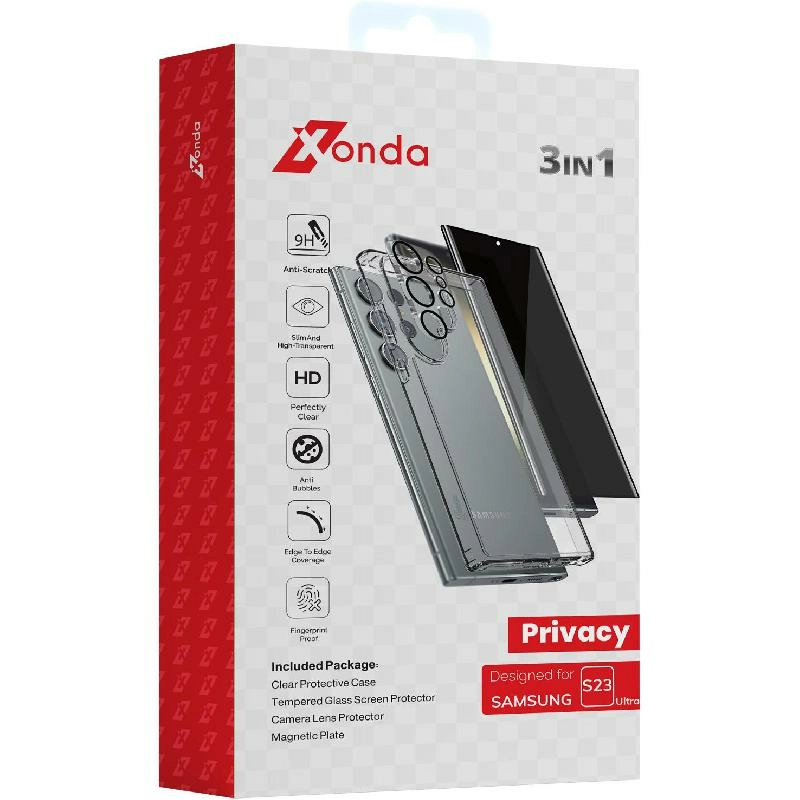 Xonda Clear Case - Clear for Samsung Galaxy S23 Ultra + Privacy Tempered Glass + Camera Lens Cover