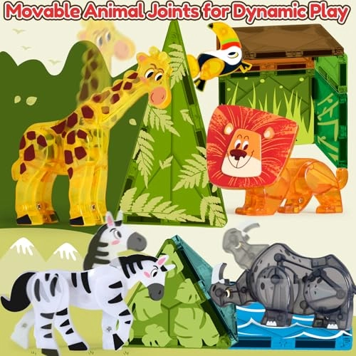 Safari Animal Magnet Tiles - Lion Giraffe Zebra Rhino Hornbird 5 pcs