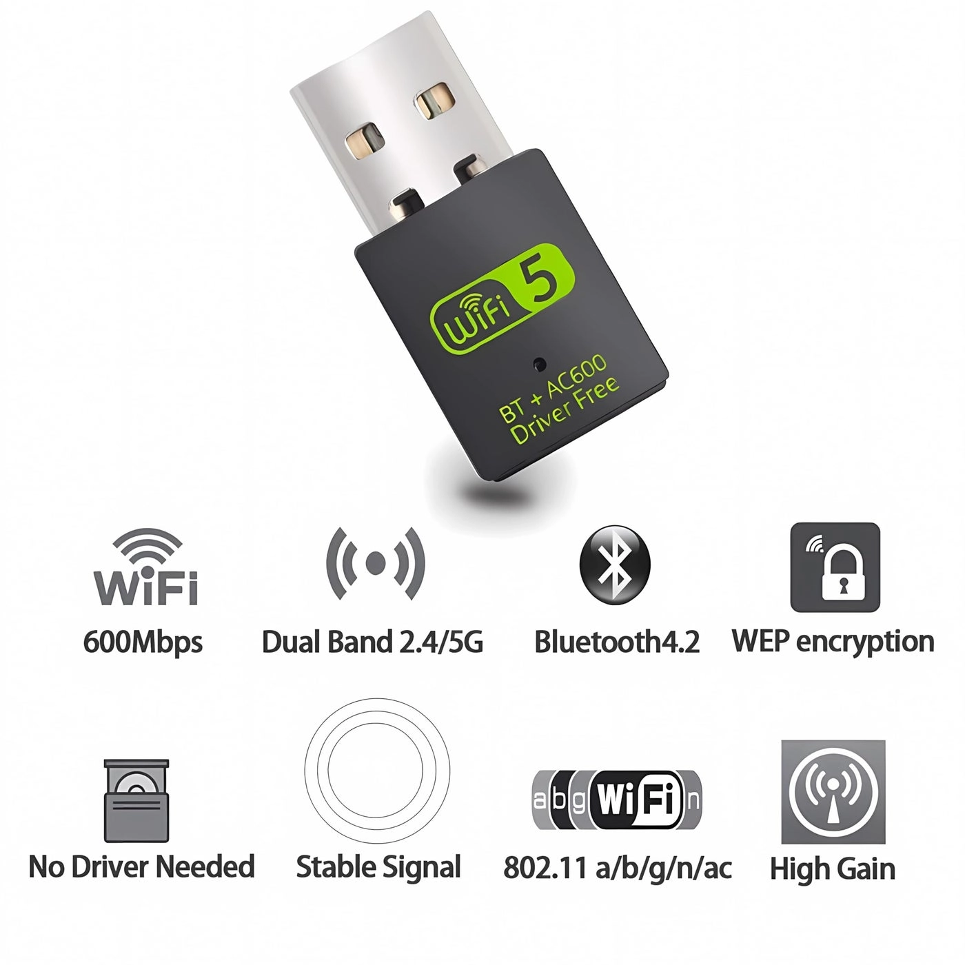USB WiFi Bluetooth Adapter - 600Mbps Dual Band 2.4/5Ghz