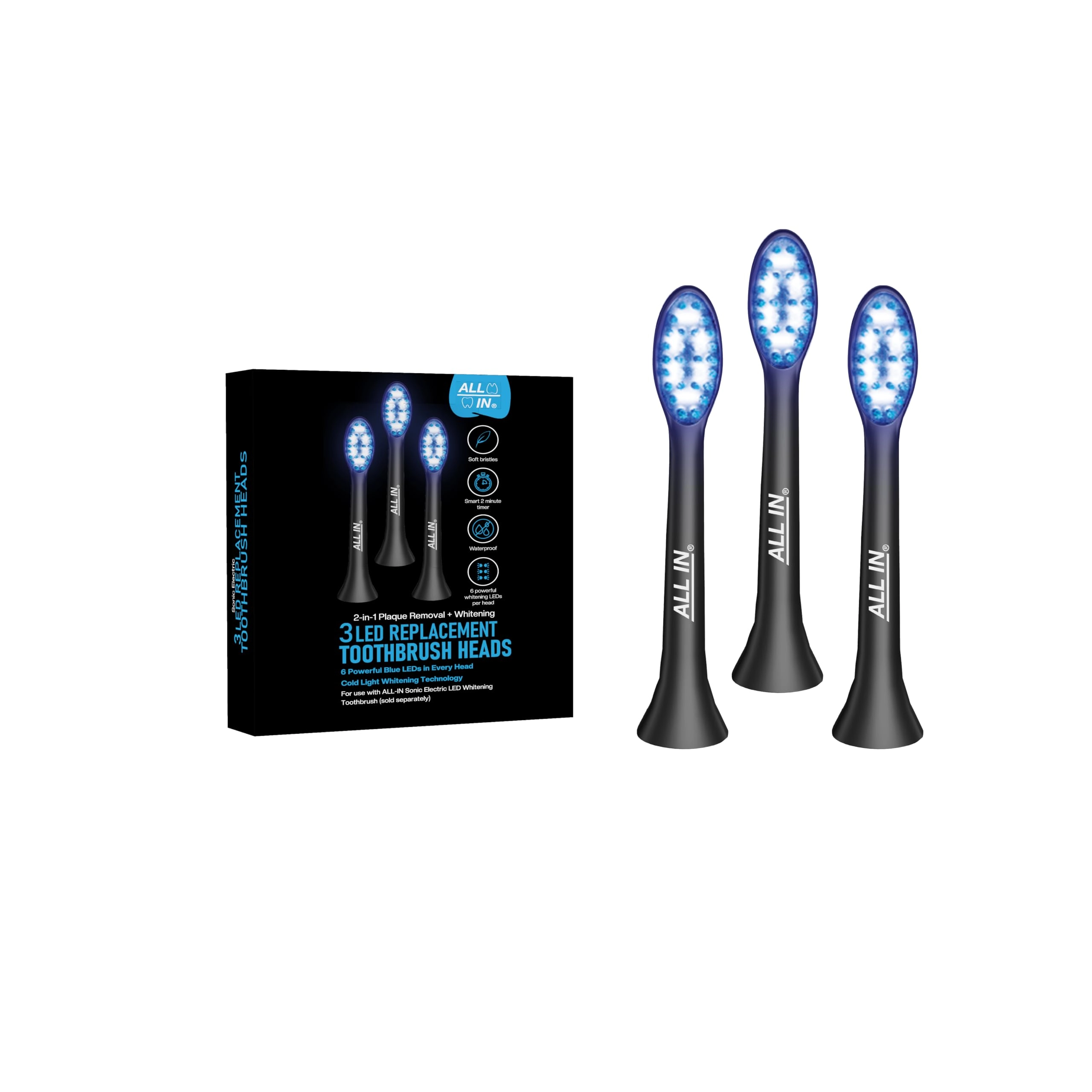ALL-IN Replacement Heads for Sonic Electric LED Whitening Toothbrush - Blue & Red LED 4 Modes 3 Count