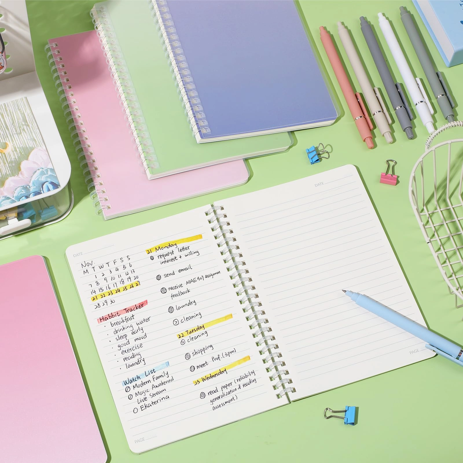 Spiral Notebooks + Ink Gel Pens + Refills A5 Spiral - Lined 540 Sheets