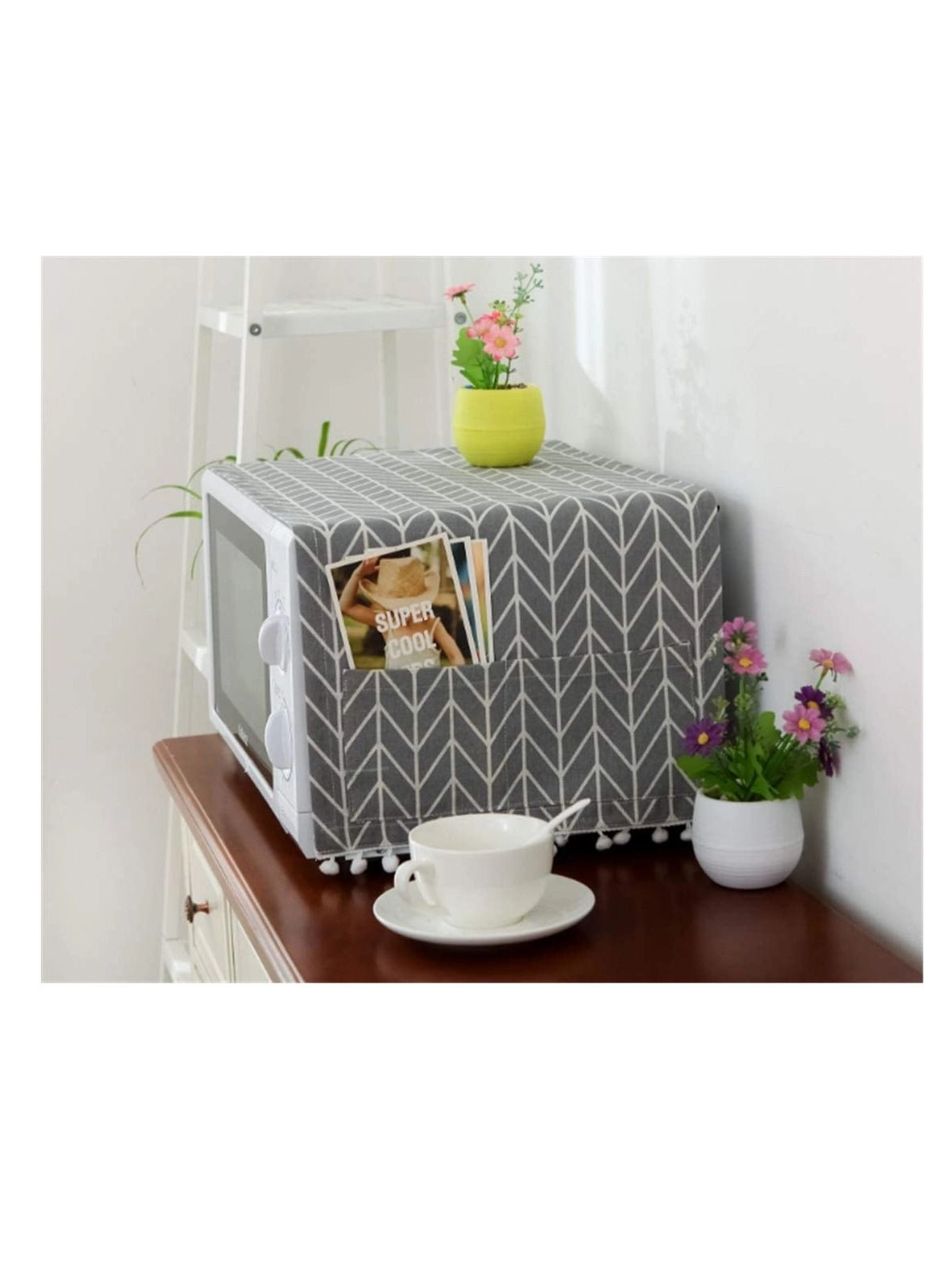 Microwave Oven Cover - Dustproof Protector with Side 4 Storage Organizer Bags 11.8x35.4" (Gray Triangle)